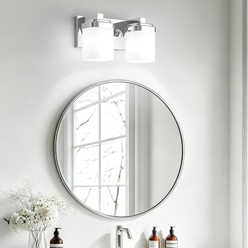Image of 10 Inches Bathroom Vanity Light, 2-Light Chrome Bathroom Light Fixtures Over Mirror, Bathroom Light Shower Lamp with Milky White Square Glass Shade, Modern Farmhouse Lighting Fixtures