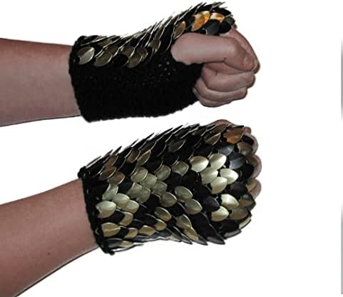 Fingerless Gloves of Knitted Scale Armor in Gold and Black