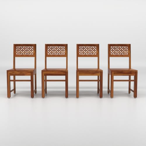Image of Solid Sheesham Wood Dining Chair Set of 4 | Wooden Dining Chairs with Decorative Cutwork Backrest | Modern Dining Room Chairs for Home, Kitchen & Restaurant | Premium Honey Finish