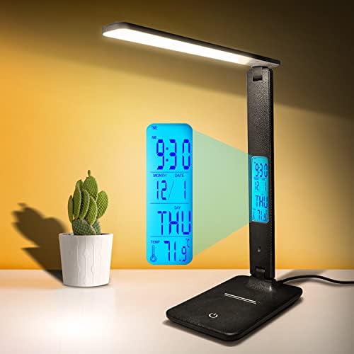 Desk Lamp LED Desk Light, Smart Features(Clock, Alarm, Date, Temperature)-Adjustable, Foldable Touch Table Lamp - 3 Levels of Dimmable Lighting - Suitable for Office, Bedroom, Study