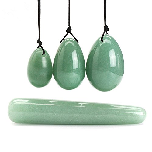 4Pcs Set Jade Yoni Eggs Stick,3 Pcs Drilled Natural Green Aventurine Quartz Crystal Jade Eggs Massage Stone + 1 Pcs Massage Stick for Women Kegel Exercise Strengthen Pelvic Floor Muscles