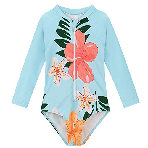 American Trends Toddler One Piece Swimsuits Girl Rash Guard Long Sleeve Zipper Bathing Suits For Girls Blue Flower 5-6 Years #TOP20