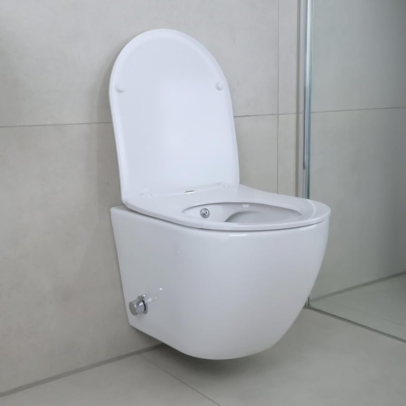 Belvit Spülrandloses Hänge WC Weiß mit integrierter Taharet-/Bidet-& Toilettendeckel mit Absenkautomatik - Wand WC mit Kalt- & Warmwasseranschluss, Design-Toilette mit Edelstahl-Dusche