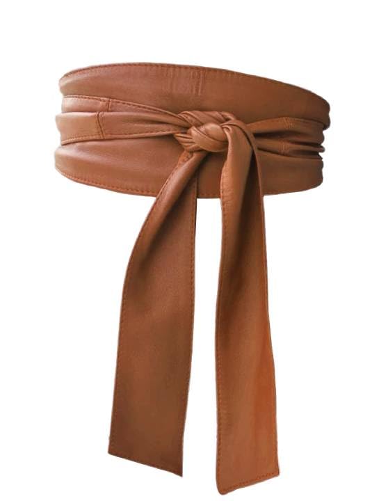 Chalkfactory Women Obi Belt Genuine lambskin Leather Fashion Wrap Around Wide Waistband Knotted Belt for Dress (Sliced, Brown, Medium - 29