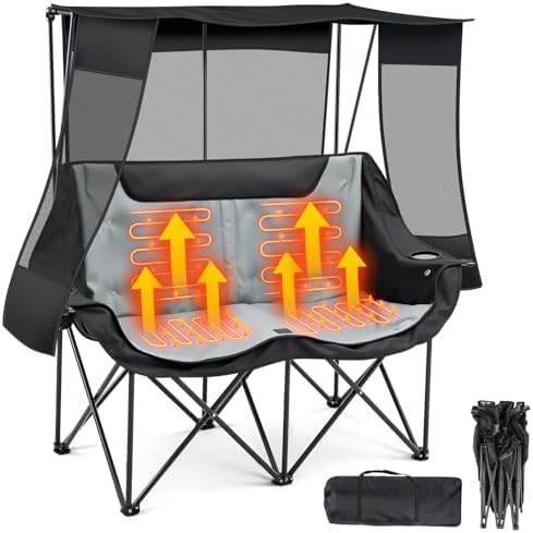 Heated Double Camping Chair with Canopy Shade Oversized 660lbs Portable Chair with Padded, 4 Heating Zones and 3 Heat Levels, Camp Loveseat for Winter, Use 5v/3a Power Bank(Power Bank Not Included)