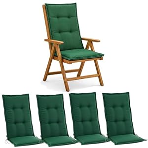 BURI 4X Auflagen Set Hochlehner für Gartenstühle 120x48x7cm Sesselauflagen Polster UV Lichtecht - Gartenstuhlauflagen Stuhlkissen mit Dicker Schaumstoff Füllung (Dunkelgrün)