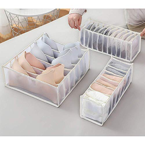 3Pcs Underwear Drawer Organiser, Upgrade Bra Organiser, Collapsible Drawer Divider for Socks Panties Bra, Home Organization Drawer Save Space (White)