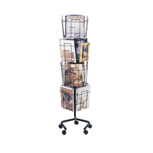 Safco Rotating Wire Magazine Holder, Metal Display Rack with 16 Pockets, 4 Tier Rolling Organizer, Powder Coat Finish, 5 Casters, Charcoal