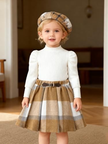 Image of Toddler Girl Outfits Puff Sleeve Ribbed Shirt Knitted Tops Pleated Plaid Skirt Set with Hat 3Pcs Fall Winter Clothes