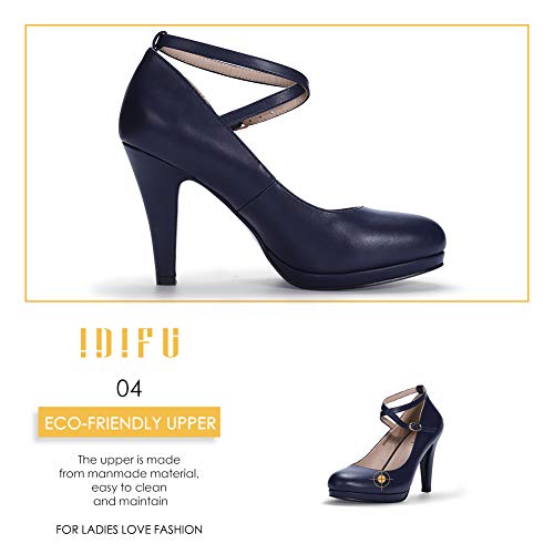 IDIFU Women\'s Tracy Platform High Heels Closed Toe Pumps Strappy Cross Ankle Strap Shoes for Casual Work Wedding (8.5 M US, Navy Blue Pu) - Thumbnail 6