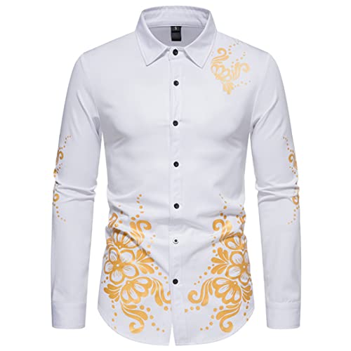 Chemise décontractée homme chic imprimé doré manches longues blanche haut de gamme