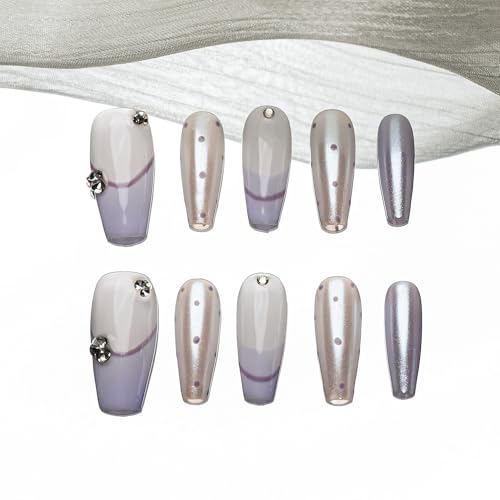 Sun&Beam Nails 手作り ネイルチップ ミディアム ロング コフィン バレリーナ 肌色 むらさき 金 つけ爪 シンプル ストーン ドット デザイン おしゃれ 付け爪 10枚入 (#182 XS)