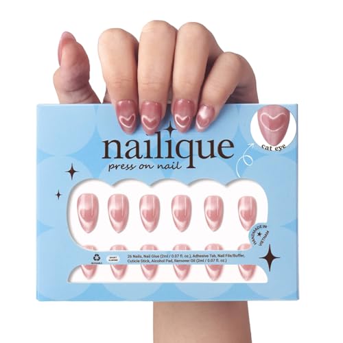Nailique Press On Nails Short Almond – Handmade Cat Eye Soft Gel Pink Love Heart Design, 26pcs Reusable Nail Tips with Glue & Remover, Romantic Valentine Wedding Everyday Manicure