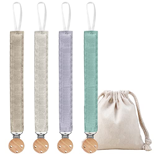 Attache Sucette - Lot de 4 Attaches Tetines Tissu - Attache Tetine en Coton et Bois Naturel - Accroche Tetine Cover