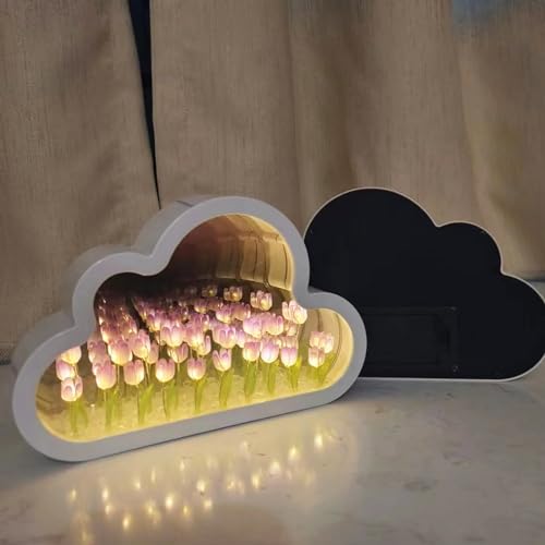Image of Cloud Tulip Mirror Night Light, Bedroom Decor Bedside Table Lamp, Desktop Decor Gift for Friends, Birthday, Anniversary, Mother's Day (Purple, No Installation Required)