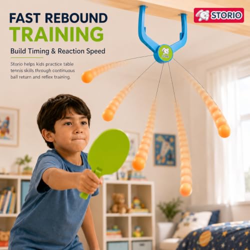 Image of Storio Hanging Table Tennis Trainer, Door Mounted Ping Pong Training Set with 2 Rackets and 5 Balls, Indoor Reflex Training Toy for Boys and Girls Age 5-14 Years