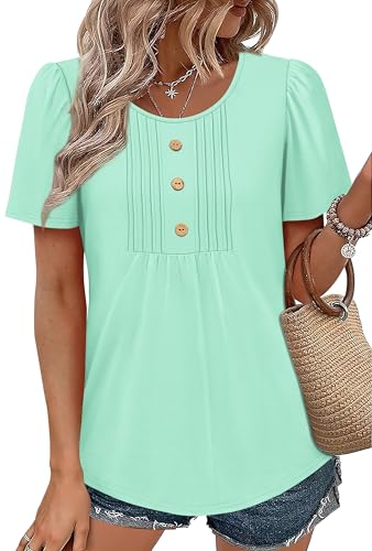 Image of Womens Tops Dressy Casual Blouses Short Sleeve Shirts Plus Size Fashion Clothing Spring Summer Outfits Button Pleated Front