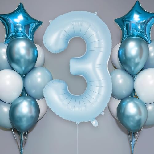 Image of Light Blue Number 3 Balloon, 40 Inch Big Large Foil Number Balloons, Giant Mylar Number 3 Balloons for 3 Year Old Birthday Baby Party Decorations Supplies Anniversary