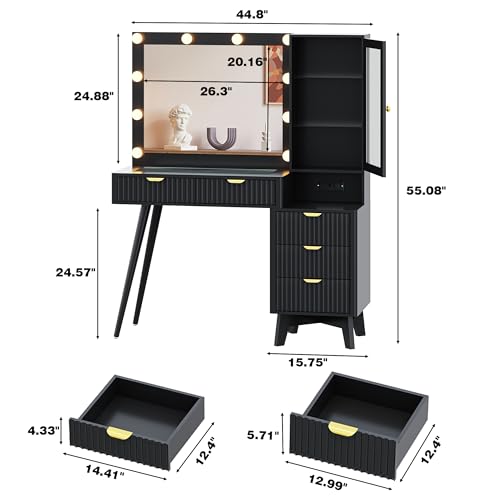 Image of Vanity Desk with Mirror and Lights, 45 inch Fluted Makeup Vanity Desk with Lights &5 Drawers, Glass Top Vanitys with Lighted Mirror and RGB Cabinet, Dressing Table with Power Outlet for Bedroom, Black