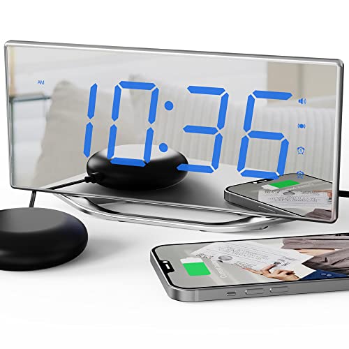 Réveil extra fort pour les personnes qui dorment lourd, 22.9 cm, miroir numérique LED, réveil avec shaker de lit, double alarme, variateur d'intensité pour personnes malentendantes - Bleu Cover