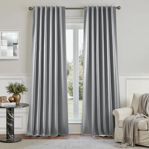 HOMEIDEAS 100% Blackout Faux Silk Curtains Silver Grey Noise Reduction Thermal Insulated Room Darkening Window Drapes Luxury Curtains for Bedroom Living Room Dining Nursery 52 X 96 Inch 2 Panels