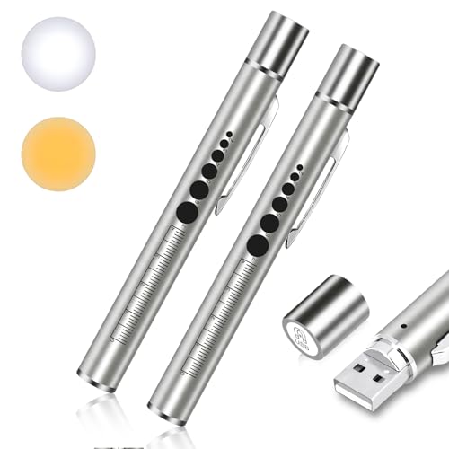Flintronic Linterna de Bolígrafo de Diagnóstico Médico, 2PCS Luz Médica con Escala de Medición, 2 Modos USB Linterna de Diagnóstico, para Enfermeros, Médicos, Cuidado Personal, Iluminación, (Plata)