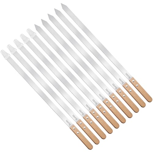 Idong 10 PCS Kabob Skewers 23.6 Flat Stainless Steel BBQ Skewers for Grilling Meat with Wood Handle and Tip Guards Heavy Duty Reusable for Koobideh Persian Brazilian Shish Kebab (Natural wood)