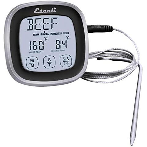 Escali Touch Screen LCD Display Digital Timer Oven Safe Stainless Steel Probe with Temperature Alert, Black Cover