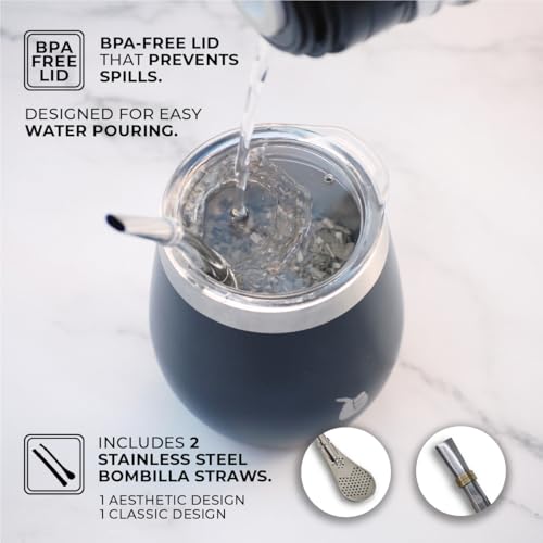 Image of MyGaucho Yerba Mate Cup Gourd Set, 8oz, 2 Bombillas & Spill-Prev Lid | Stainless Steel Mate Cup, BPA-free lid & cleaning brush, comfortable sipping, and simple cleanup at home, work, or on the go