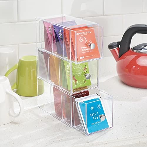 mDesign Kitchen Organiser with 3 Drawers  Storage Box for Tea Bags, Coffee Capsules, Sweeteners and More  Plastic Tea Chest  Set of 2  Clear
