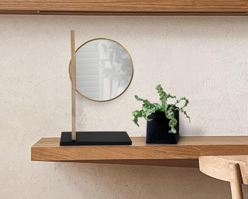 Image of Howard Elliott Collection Skoda Round Tabletop Mirror with Stand, Vanity Makeup Mirror with Brushed Brass Stainless Steel Frame and Mango Wood Base, Modern Accent Decor Mirror, Brass, 28.5 x 18 Inch