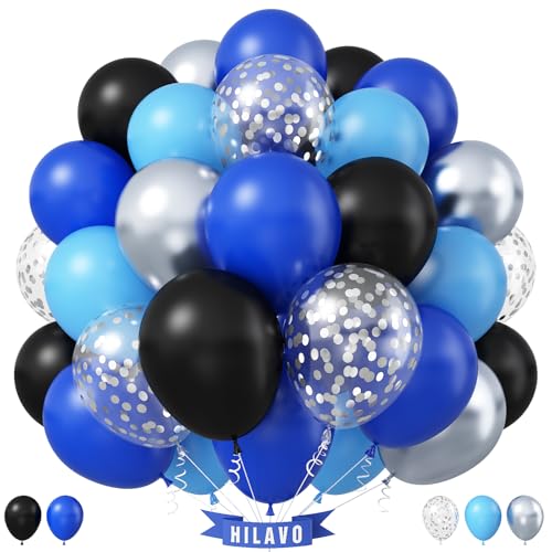 Blue Black Balloons 60 Pcs Royal Blue Black and Metallic Silver Confetti Balloons 12 Inch Video Game Outer Space Balloon for Boys Men Boss Graduation Retirement Baby Shower Birthday Party Decorations
