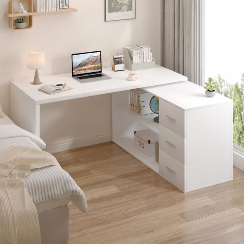 Image of HSH White L Shaped Computer Corner Desk with 3 Storage Drawers 55 inch