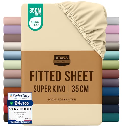 Utopia Bedding Fitted Sheet Super King, Beige - Deep Pocket 14 inch (35 cm) - Easy Care - OEKO-TEX Certified - Soft Brushed Microfibre Fabric - Shrinkage and Fade Resistant - Bottom Sheet