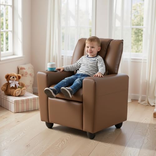 Image of GLACER Kids Recliner with Cup Holder, PU Leather Toddler Lounge Chair | Baby Recliner w /Adjustable Backrest & Footrest, Spring Seat Cushion, Push Back Toddler Sofa for Ages 3+, Supports 150 lbs