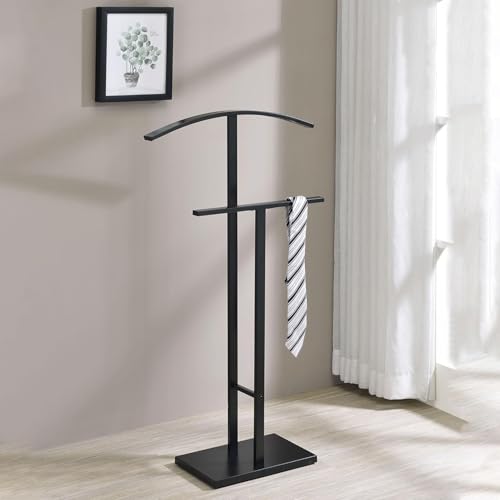 Image of Kings Brand Furniture Dossi Modern Metal Suit Valet Stand, Clothes Rack Organizer with Jacket, Pants & Tie Holder, Space-Saving Garment Rack for Bedroom or Closet (Black)