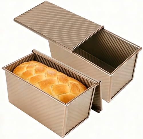 Pullman Loaf Pan with Lid 2 Pack, 8x4 Inch 1LB Nonstick Carbon Steel Bread Pans, Gold Corrugated Sandwich Bread Baking Pan for Toast, Sourdough, Homemade Bread - Thumbnail 2