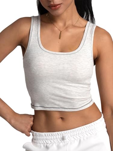 Danysu Women Cotton Rib Tank Top with Built in Bra Square Neck Crop Tank Fitted Basic Tops Heather White S
