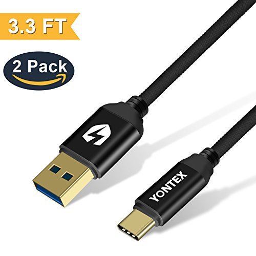 USB C Cable Type C to USB A 3.0 Braided Nylon Charging Cable with Gold-Plated Connectors and Real Leather Cable Tie for MacBook Pro 2016, Google Pixel, OnePlus 3, LG G5, etc by YONTEX (2PACK Black)