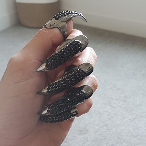 10 Pieces Punk Style Eagle Claw Ring Gothic Jewelry False Nail Retro Clear Crystal Talon Finger Ring, Halloween Costume Claws Fake Nails Rings Set, Fingernail Women Men Ring For Cosplay Party, Black #TOP2