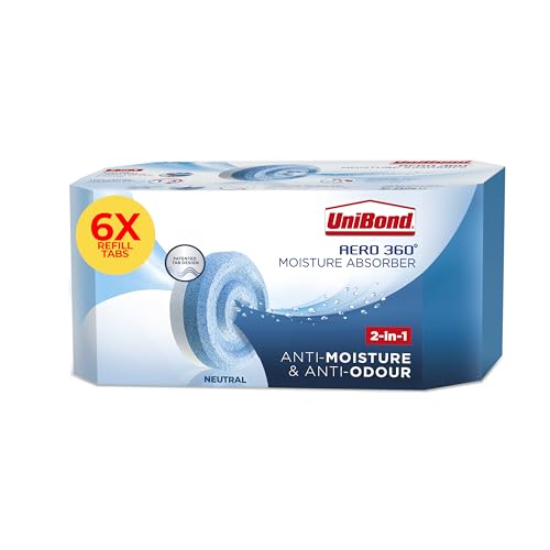 UNIBOND AERO 360° Moisture Absorber Neutral Refill Tab, Ultra-Absorbent and Odour-neutralising, for AERO 360° Dehumidifier, Condensation Absorbers, Pack of 6 (6 x 450g), Packaging May Vary