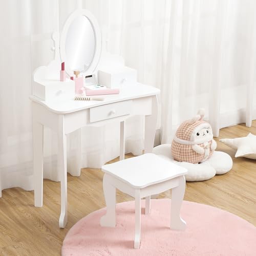 GarveeHome Kids' Vanity Set with Mirror, Makeup Table and Stool for Girls, Vanity Desk and Chair with Wood Makeup Playset for 4-9 Girls, White