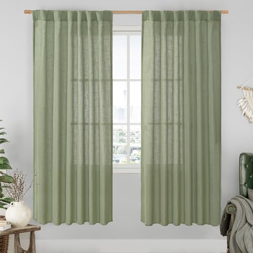LAMIT Sage Green Linen Curtains for Living Room, 78 inch Length, Light Filtering Semi Sheer Panels with Back Tab and Rod Pocket, Christmas Panels for Bedroom/Sliding Glass Door, 52 x 78 Inch