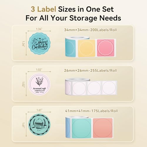 Image of NIIMBOT Thermal Label Tape 3 Rolls, Compatible with B1 B21 B31 Label Maker | Multi-Size Pack, 34x34mm, 41x41mm, 26x26mm Colorful | for Address, Jar, Gift, Logo & File Organization Stickers