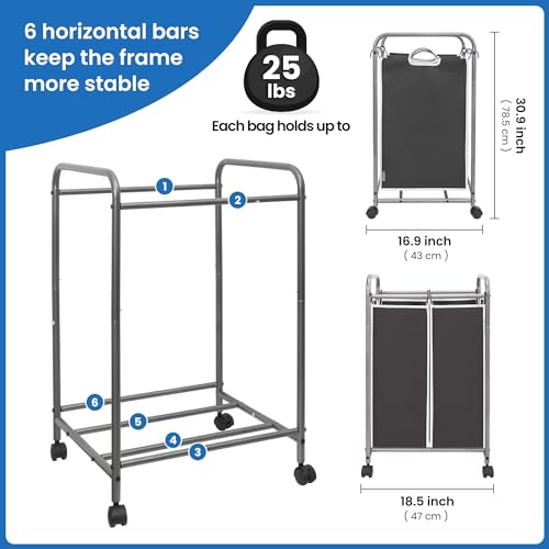 Image of STORAGE MANIAC Laundry Sorter 2 Section, 90L (23.7Gal) Laundry Hamper with Wheels, Clothes Basket Separator Sorter, 2 Bag Cart and Removable Bags for Closet, Dorm, Collage, Black