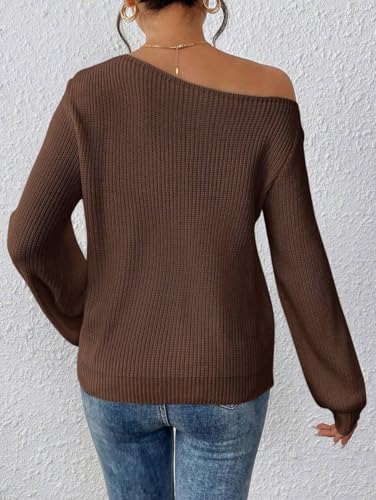 SKAYS Womens Off The Shoulder Sweater Asymmetrical Neck Fall Ribbed Knit Long Sleeve Pullover Sweaters Lightweight Top2