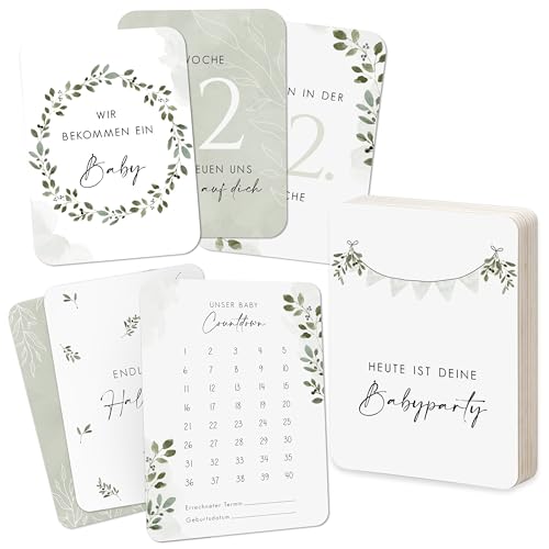 40 Meilensteinkarten Schwangerschaft - Inspirierendes Meilenstein Karten Set inkl. Geschenkbox - für Mädchen & Junge - Babyglück Olive