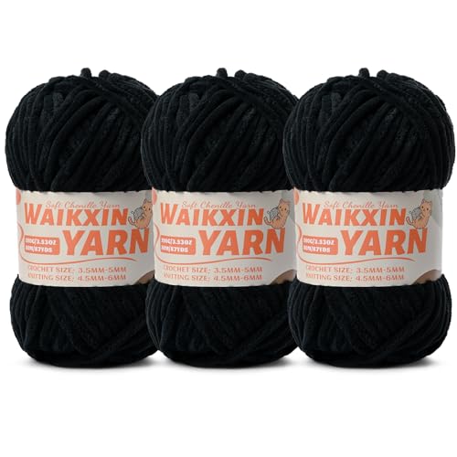 Image of (3 Black) 3 Pack Super Soft Fuzzy Chenille Chunky Yarn for Crocheting, 300g (261yds) Velvet Fluffy Amigurumi Yarn for Hand Knitting Baby Blankets Weaving Craft
