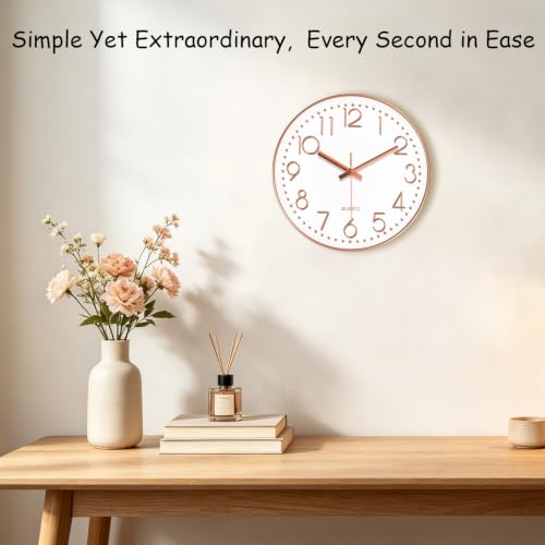 Image of Modern Silent Wall Clock, 14 Inch Wall Clocks Battery Operated | Large Number, Non-Ticking Analog Clock with Tempered Glass Quartz Clocks for Living Room Bedroom Office Kitchen, Rose Gold