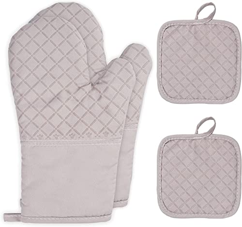 Ensemble de Gants de Four, Gants de Cuisine Antidérapants Résistants à la Chaleur à 300 °C, Gants de Cuisine avec Doublure en Coton et Boucle de Suspension, Gants de Cuisson pour la Cuisson (Gris)